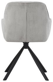 Rückansicht eines grauen Armlehnstuhls mit geripptem Stoffbezug und schwarzen Metallbeinen.