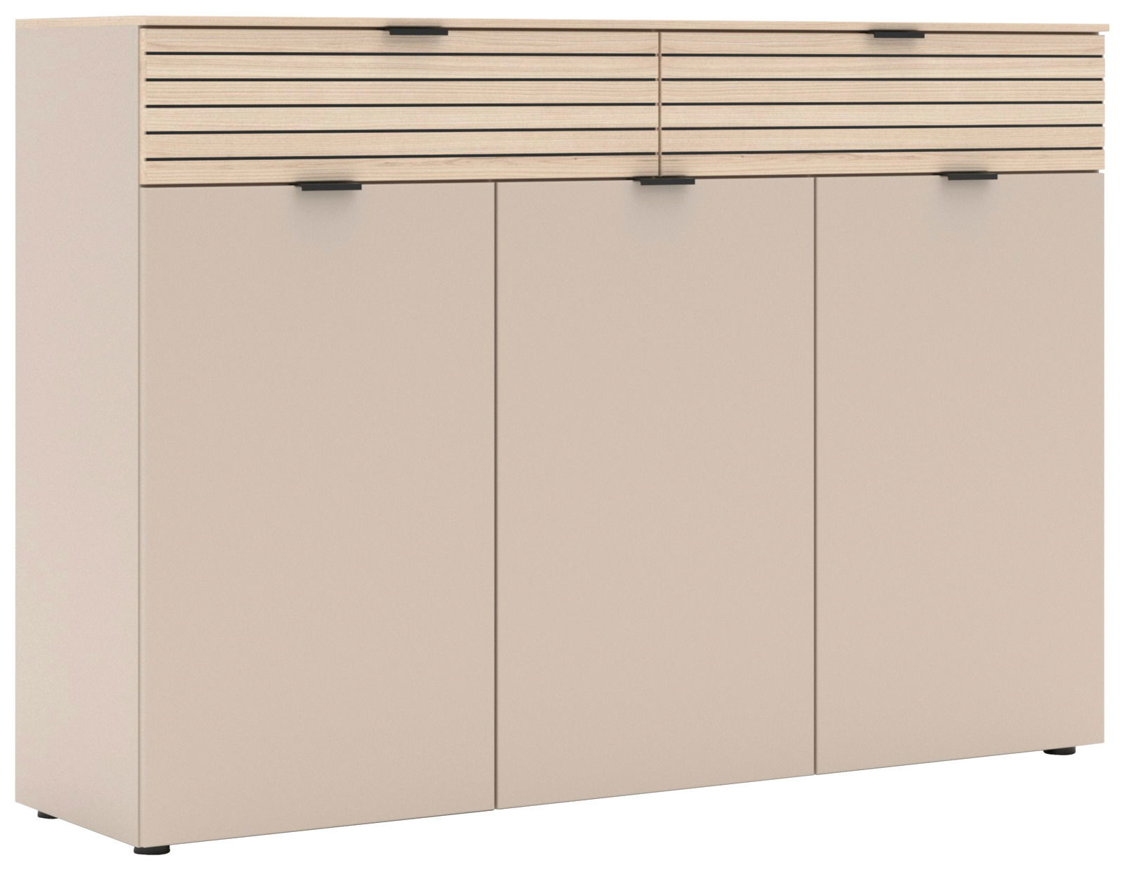 Moderner XL-Schuhschrank in Beige mit horizontalen Holzlamellen und schwarzem Griff, Frontalansicht