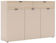 Moderner XL-Schuhschrank in Beige mit horizontalen Holzlamellen und schwarzem Griff, Frontalansicht