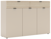 Moderner XL-Schuhschrank in Beige mit horizontalen Holzlamellen und schwarzem Griff, Frontalansicht