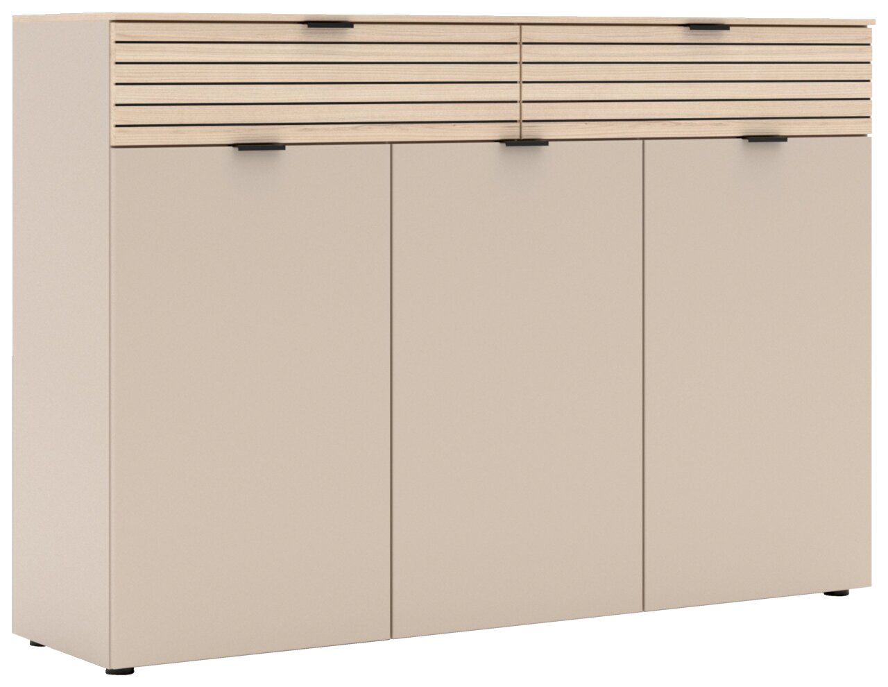 Voleo XL-Schuhschrank INA Moderner XL-Schuhschrank in Beige mit horizontalen Holzlamellen und schwarzem Griff, Frontalansicht