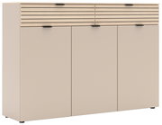 Moderner XL-Schuhschrank in Beige mit horizontalen Holzlamellen und schwarzem Griff, Frontalansicht