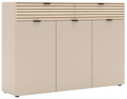 Moderner XL-Schuhschrank in Beige mit horizontalen Holzlamellen und schwarzem Griff, Frontalansicht