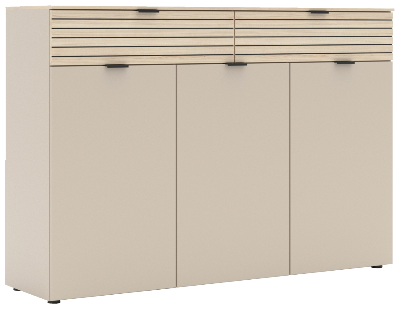 Moderner XL-Schuhschrank in Beige mit horizontalen Holzlamellen und schwarzem Griff, Frontalansicht
