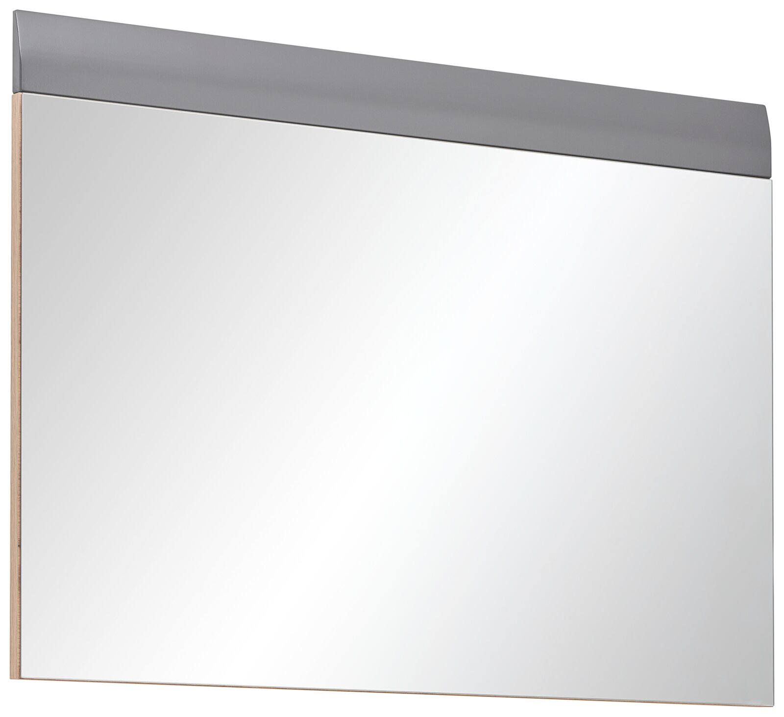 Moderner rechteckiger Wandspiegel mit grauem Rahmen, seitliche Perspektive