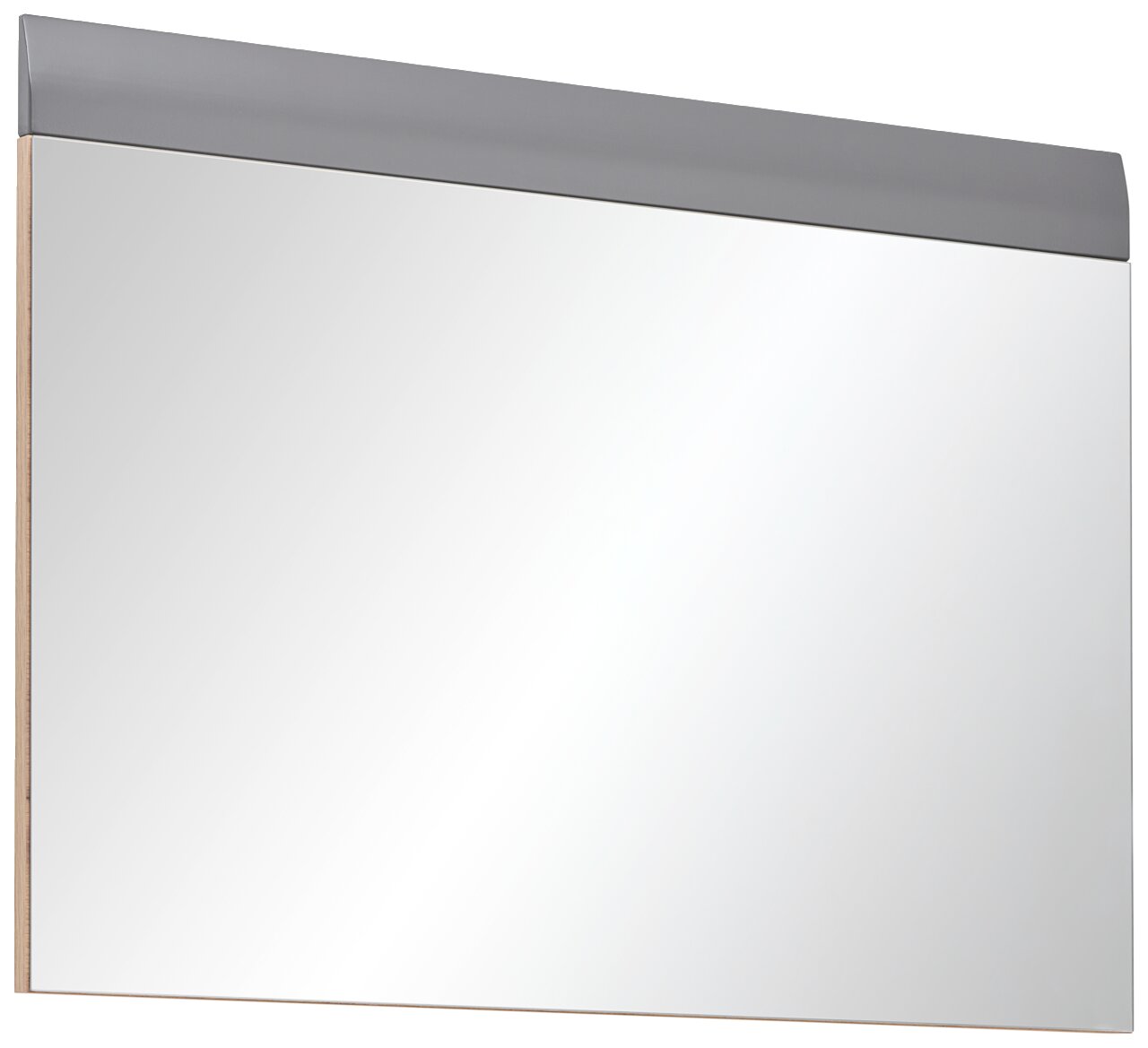 Moderner rechteckiger Wandspiegel mit grauem Rahmen, seitliche Perspektive