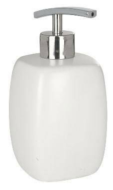 Wenko Keramik Seifenspender Faro White Weißer Keramik Seifenspender Faro mit silbernem Pumpkopf, seitliche Perspektive