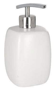 Weißer Keramik Seifenspender Faro mit silbernem Pumpkopf, seitliche Perspektive