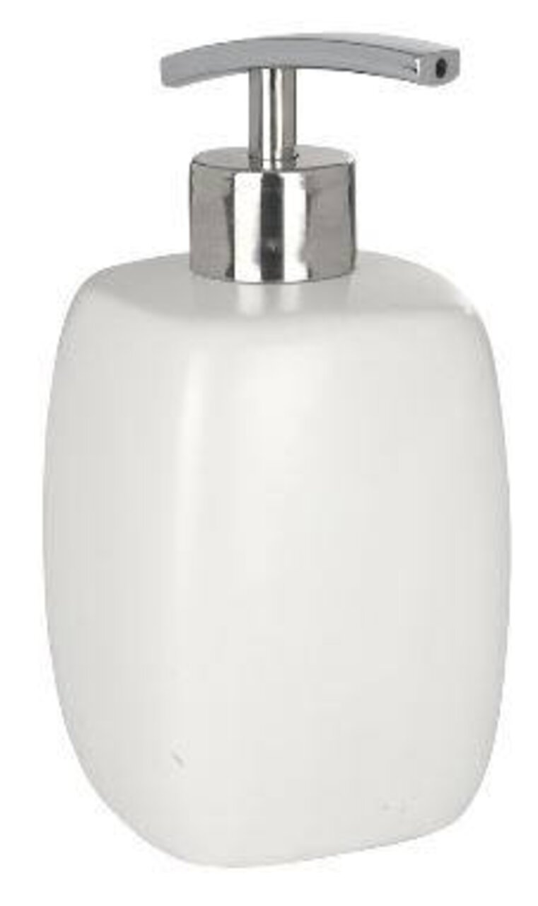 Wenko Keramik Seifenspender Faro White Weißer Keramik Seifenspender Faro mit silbernem Pumpkopf, seitliche Perspektive