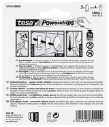 Rückseite der Verpackung von tesa Powerstrips Haken S, zeigt Anweisungen zur Befestigung und Entfernung, geeignet für glatte Oberflächen, maximale Tragkraft 1 kg.