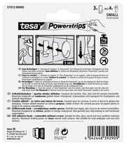 Rückseite der Verpackung von tesa Powerstrips Haken S, zeigt Anweisungen zur Befestigung und Entfernung, geeignet für glatte Oberflächen, maximale Tragkraft 1 kg.