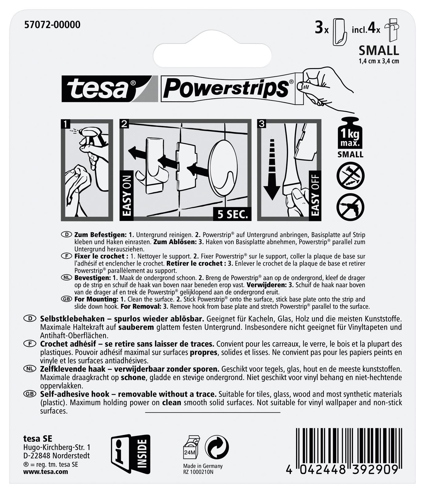 Rückseite der Verpackung von tesa Powerstrips Haken S, zeigt Anweisungen zur Befestigung und Entfernung, geeignet für glatte Oberflächen, maximale Tragkraft 1 kg.