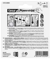 Achterkant van de verpakking van tesa Powerstrips Haken S, met instructies voor het bevestigen en verwijderen, geschikt voor gladde oppervlakken, maximaal draagvermogen 1 kg.