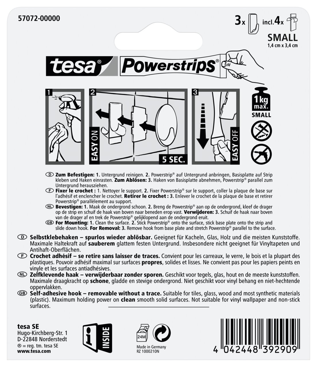 Achterkant van de verpakking van tesa Powerstrips Haken S, met instructies voor het bevestigen en verwijderen, geschikt voor gladde oppervlakken, maximaal draagvermogen 1 kg.