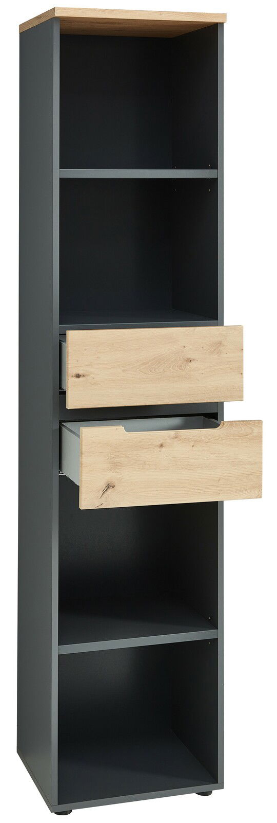 Schmales Regal mit zwei offenen Fächern und zwei Schubladen in Holzoptik, seitliche Perspektive