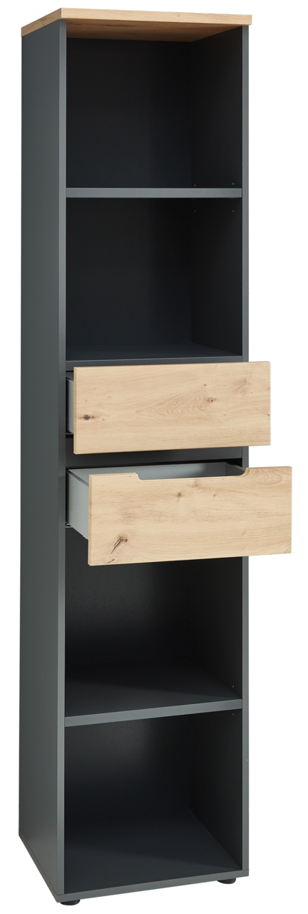 Schmales Regal mit zwei offenen Fächern und zwei Schubladen in Holzoptik, seitliche Perspektive