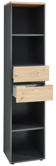 Schmales Regal mit zwei offenen Fächern und zwei Schubladen in Holzoptik, seitliche Perspektive