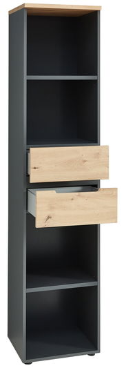 Schmales Regal mit zwei offenen Fächern und zwei Schubladen in Holzoptik, seitliche Perspektive