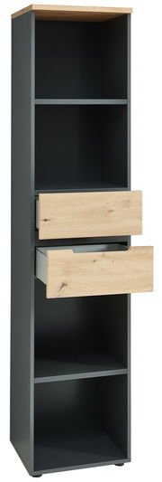 Schmales Regal mit zwei offenen Fächern und zwei Schubladen in Holzoptik, seitliche Perspektive