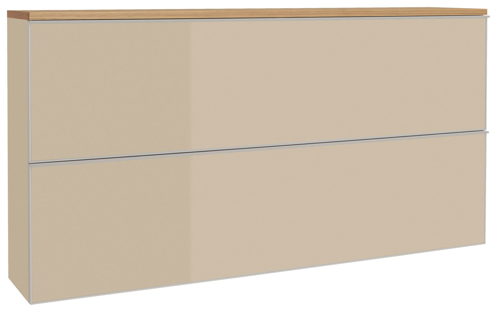 Beigefarbener XL-Hängeschuhschrank mit zwei Klappen und Holzoberfläche, seitliche Perspektive