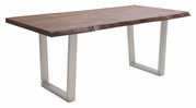Moderne eettafel met een blad van natuurlijk hout en metalen poten, zijaanzicht