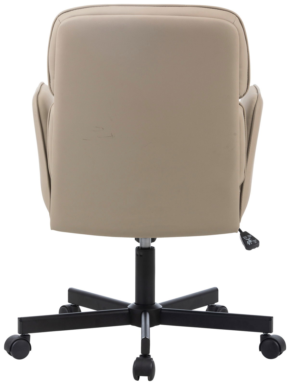 Rückansicht eines beigen Drehstuhls mit schwarzem Fußkreuz und Rollen