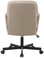 Rückansicht eines beigen Drehstuhls mit schwarzem Fußkreuz und Rollen