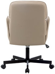 Rückansicht eines beigen Drehstuhls mit schwarzem Fußkreuz und Rollen