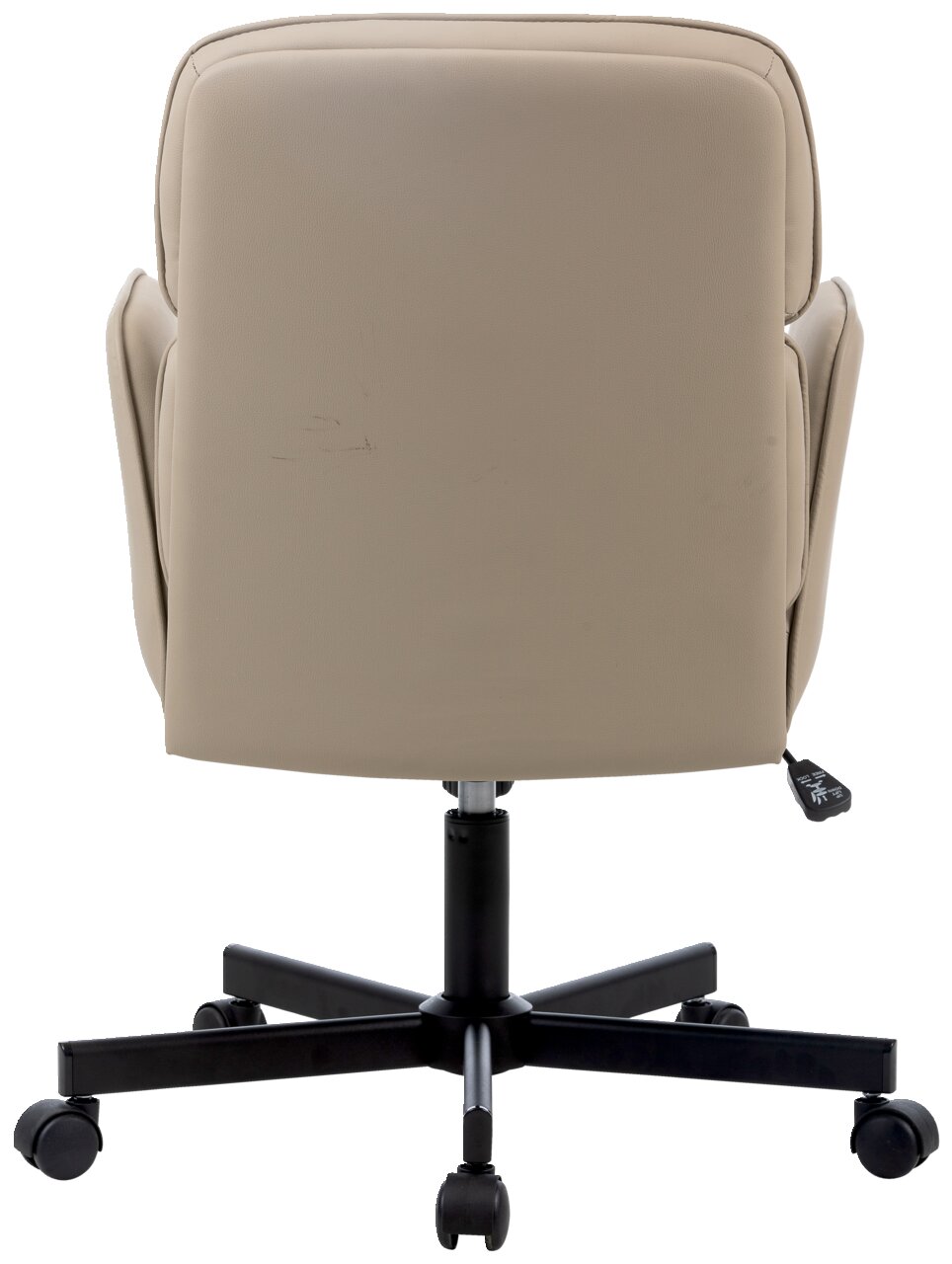 Rückansicht eines beigen Drehstuhls mit schwarzem Fußkreuz und Rollen