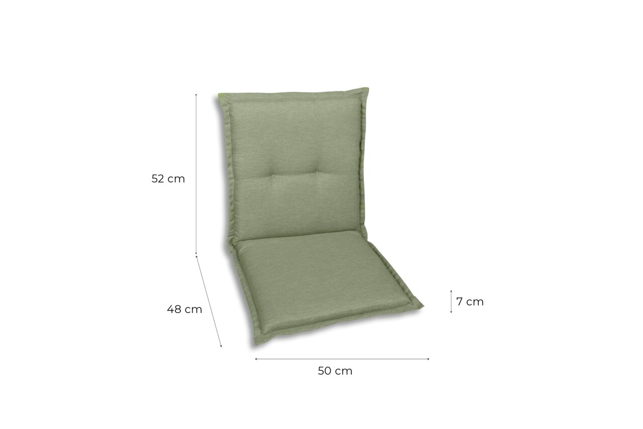 Grüne Sesselauflage in Seitenansicht mit den Maßen 52 cm Höhe, 48 cm Tiefe, 50 cm Breite und 7 cm Dicke.