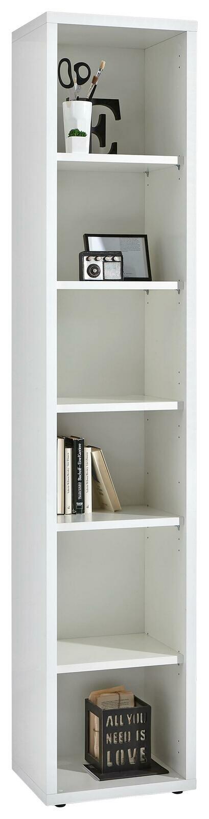 XORA Regal DIVINO Weißes, hohes Regal mit fünf Fächern, gefüllt mit Büchern, Dekoration und einem Stiftehalter, aus frontaler Perspektive.