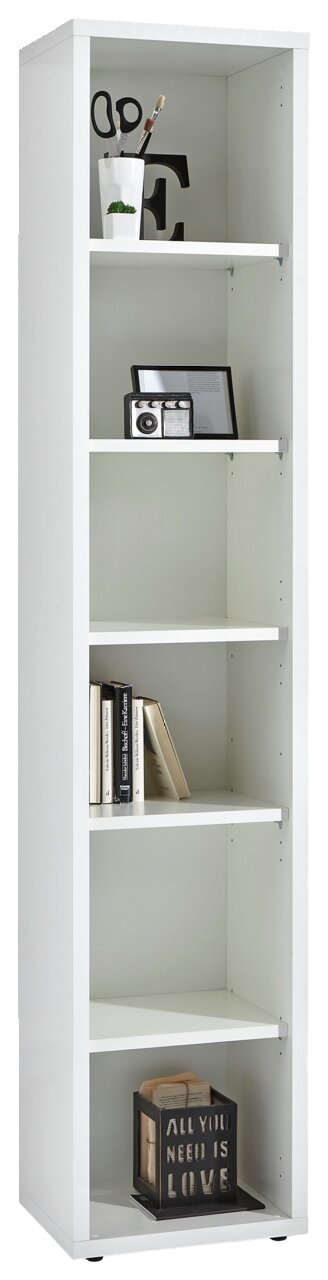 Weißes, hohes Regal mit fünf Fächern, gefüllt mit Büchern, Dekoration und einem Stiftehalter, aus frontaler Perspektive.