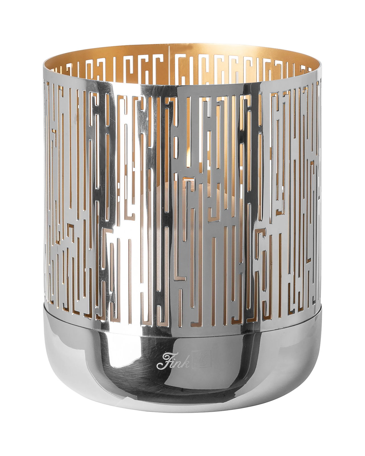 Elegantes Fink Windlicht BRIANO aus silbernem Metall mit geometrischem Muster, seitliche Perspektive.