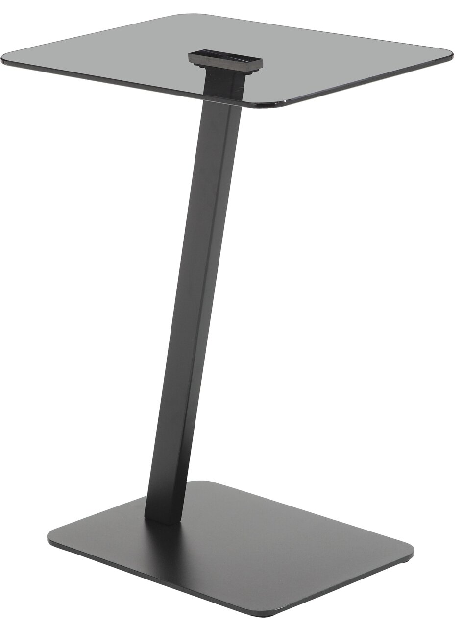 Moderner Beistelltisch mit schwarzer Glasplatte und schrägem Metallgestell, seitliche Perspektive