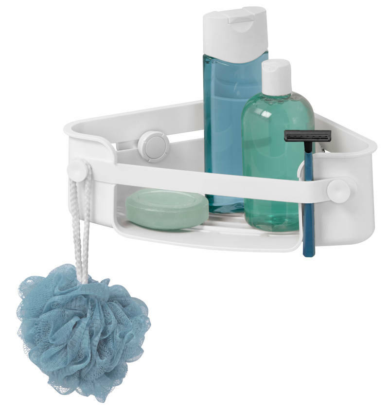 Weißes Flex Eckregal mit Gel Lock, gefüllt mit Duschutensilien wie Shampoo, Seife und Rasierer, aus seitlicher Perspektive.