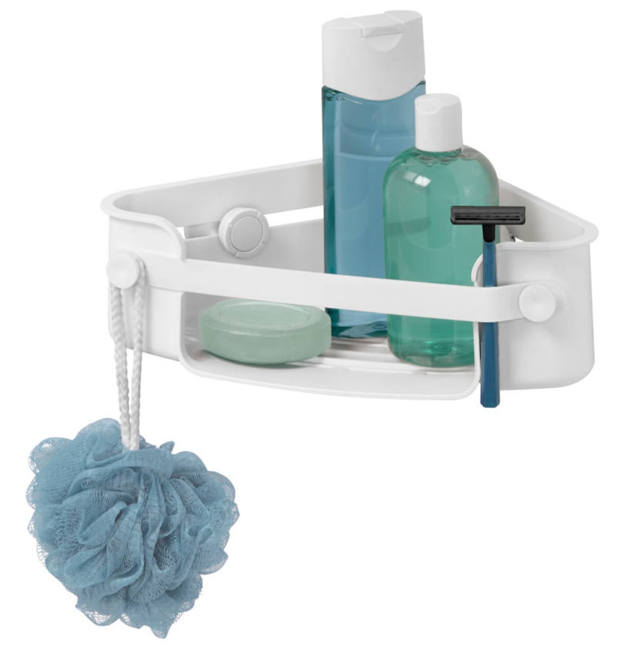 Zurbrüggen Flex Eckregal Gel Lock weiß Weißes Flex Eckregal mit Gel Lock, gefüllt mit Duschutensilien wie Shampoo, Seife und Rasierer, aus seitlicher Perspektive.