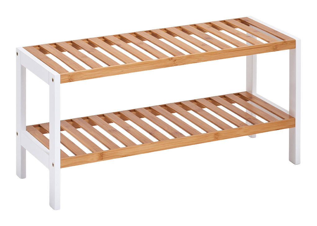 Schuhregal mit zwei Ablagen aus Holz und weißem Metall, seitliche Perspektive