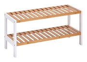Schuhregal mit zwei Ablagen aus Holz und weißem Metall, seitliche Perspektive