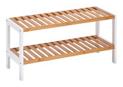 Schuhregal mit zwei Ablagen aus Holz und weißem Metall, seitliche Perspektive