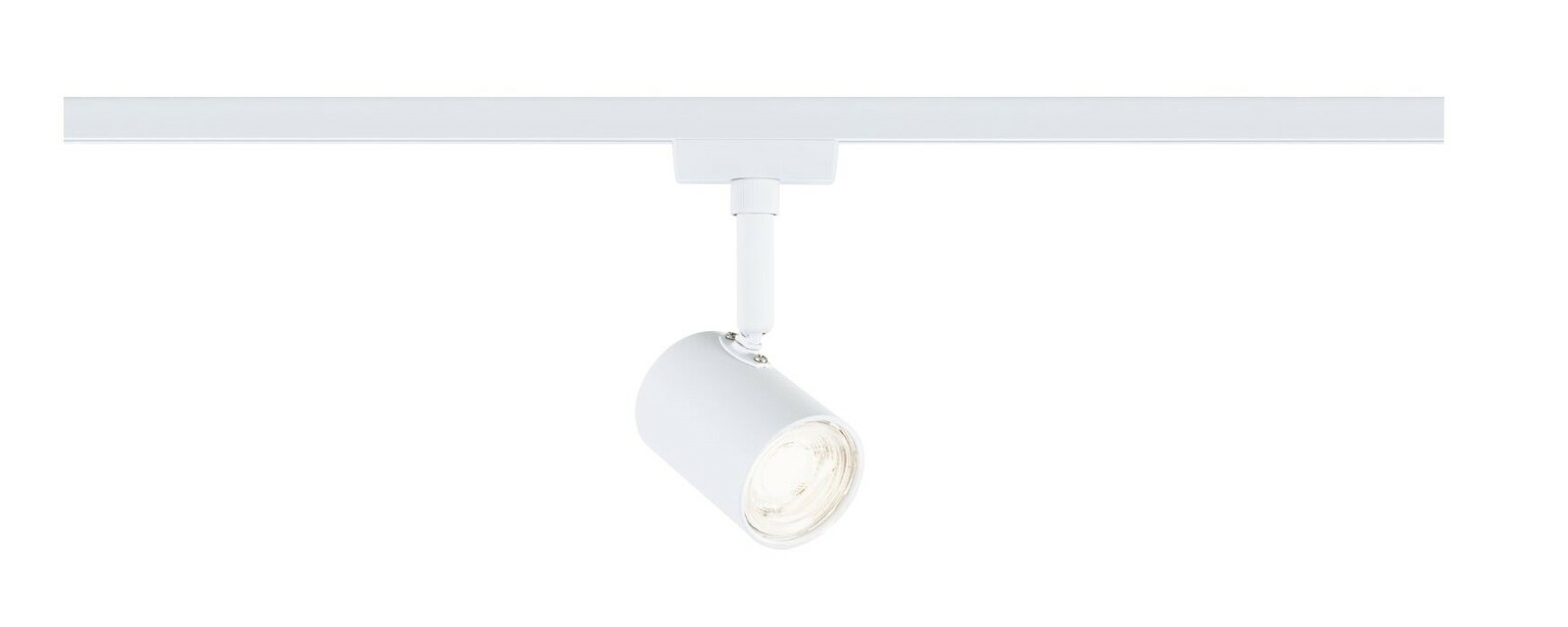 Weißer Schienenspot Limba von PAULMANN, montiert an einer Schiene, seitliche Perspektive.
