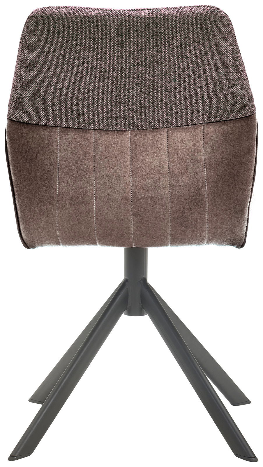 Rückansicht eines modernen Stuhls mit gepolsterter Rückenlehne und vier Metallbeinen.