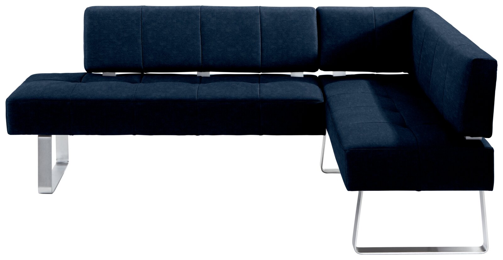 Moderne Eckbank in dunkelblauem Stoff mit Metallbeinen, seitliche Perspektive