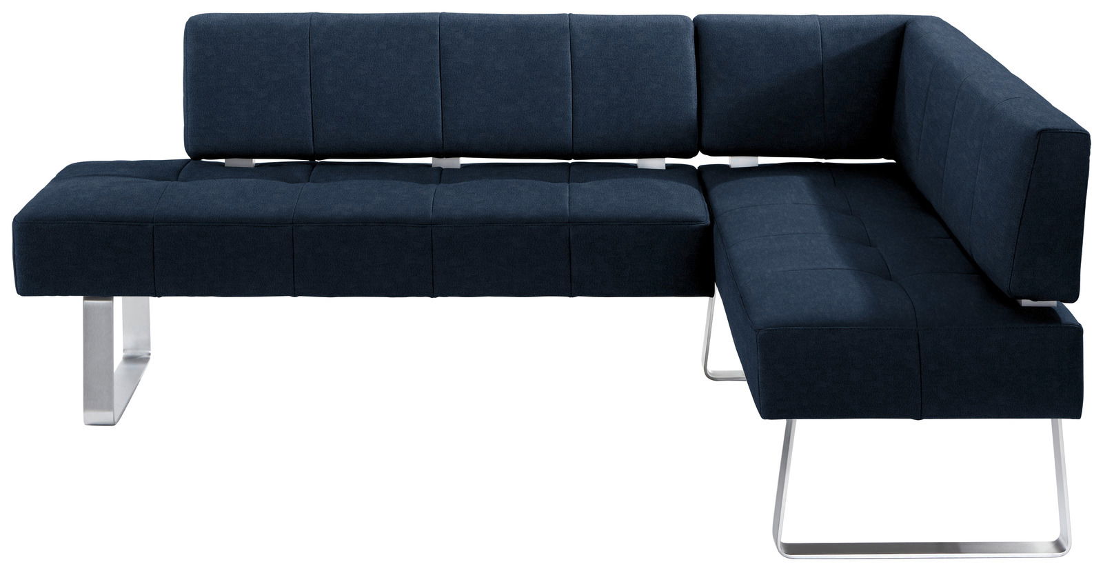 Moderne Eckbank in dunkelblauem Stoff mit Metallbeinen, seitliche Perspektive