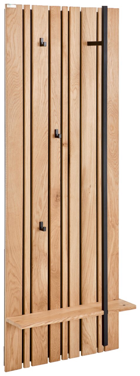 Garderobenpaneel aus Holz mit mehreren Haken und einem Regalbrett, seitliche Perspektive
