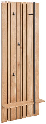 Garderobenpaneel aus Holz mit mehreren Haken und einem Regalbrett, seitliche Perspektive