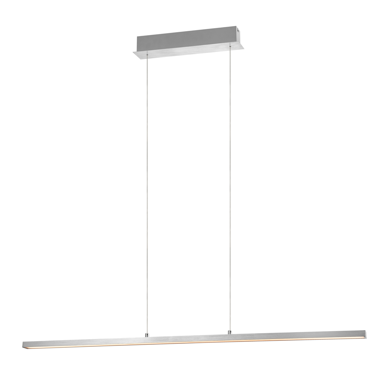 Novel LED-hanglamp PENDELLEUCHTE Moderne, schlanke LED-Pendelleuchte in gebürsteter Aluminium-Optik mit langem, linearem Lichtbalken und zwei Abhängeseilen, freigestellt auf weißem Hintergrund, Frontansicht leicht von unten.