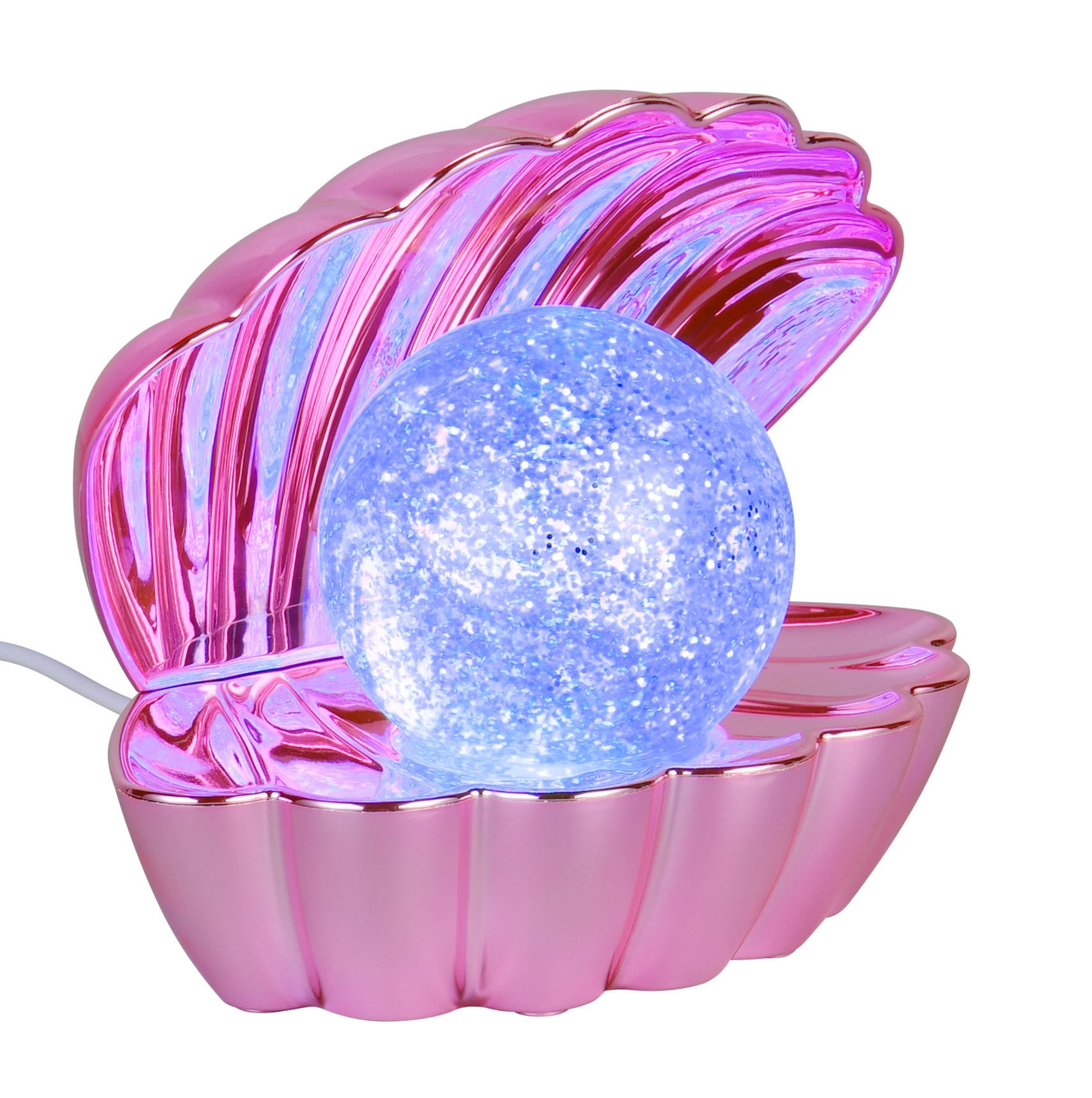 LED-Tischleuchte in Form einer rosa Muschel mit einer leuchtenden Glaskugel im Inneren, seitliche Perspektive