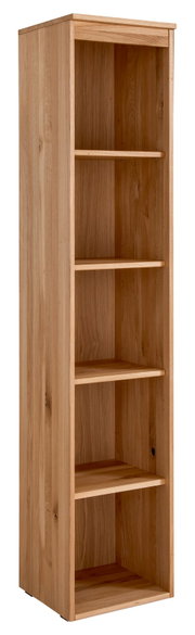 Houten archiefrek met vijf open vakken, vervaardigd uit licht hout, gefotografeerd vanuit een schuin perspectief.