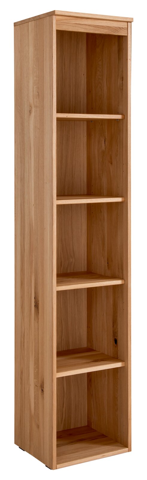 Houten archiefrek met vijf open vakken, vervaardigd uit licht hout, gefotografeerd vanuit een schuin perspectief.