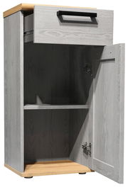 Unterschrank in grauer Holzoptik mit geöffneter Tür und Schublade, seitliche Perspektive